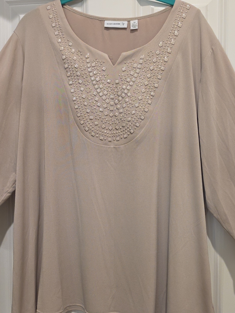 Susan Graver Tan Embellished 3/4 Sleeve Lightweight Drapey Stretch Top 2x